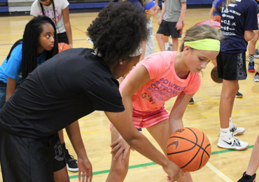 Basketball coaches working on offensive skills at camp
