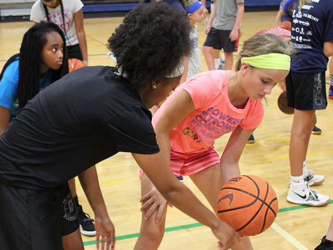 Basketball coaches working on offensive skills at camp