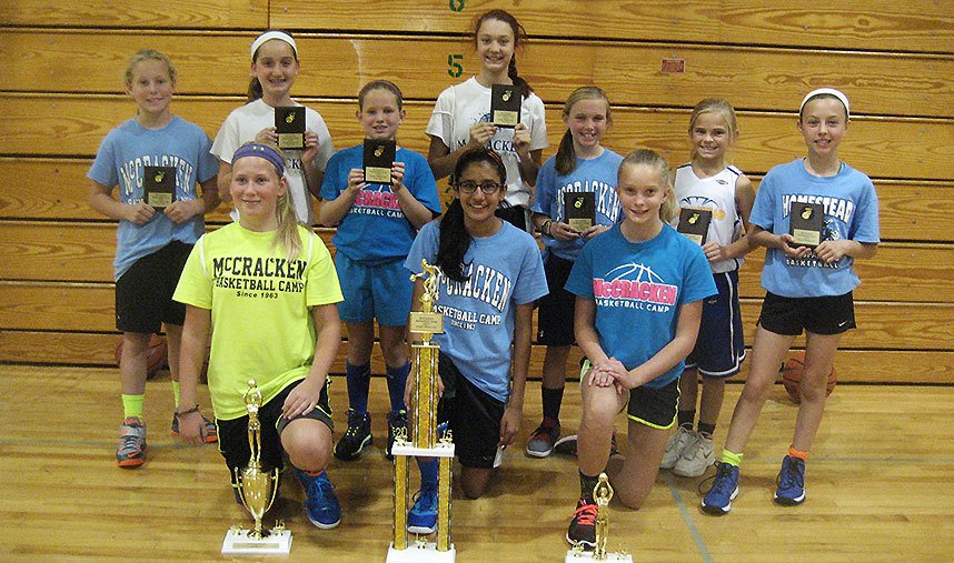Basketball campers with their shooting contest trophies at camp this summer